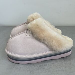 Bearpaw Womens 8 M Loki Platform Slipper Mule Clog Pink Suede Sheepskin Fur